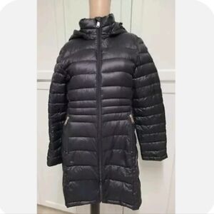Andrew Marc Long Black Duck Down Puffer Jacket Coat w Hood Medium Lightweight M